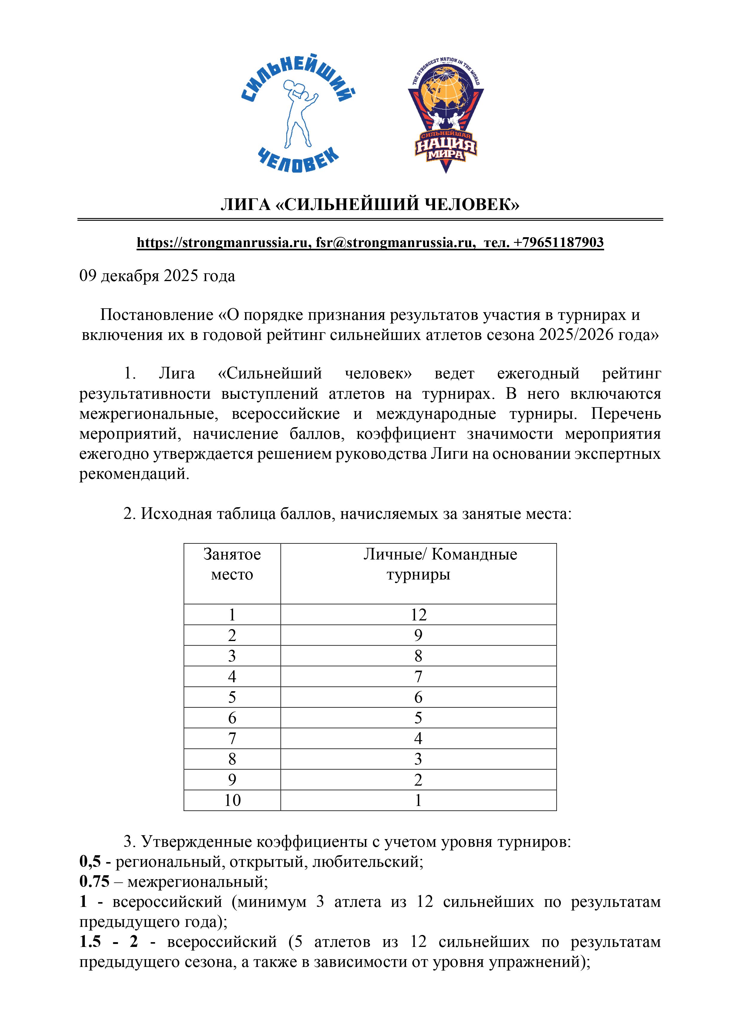 Постановление о рейтинге Лиги «Сильнейший человек» сезона 2025/2026 1